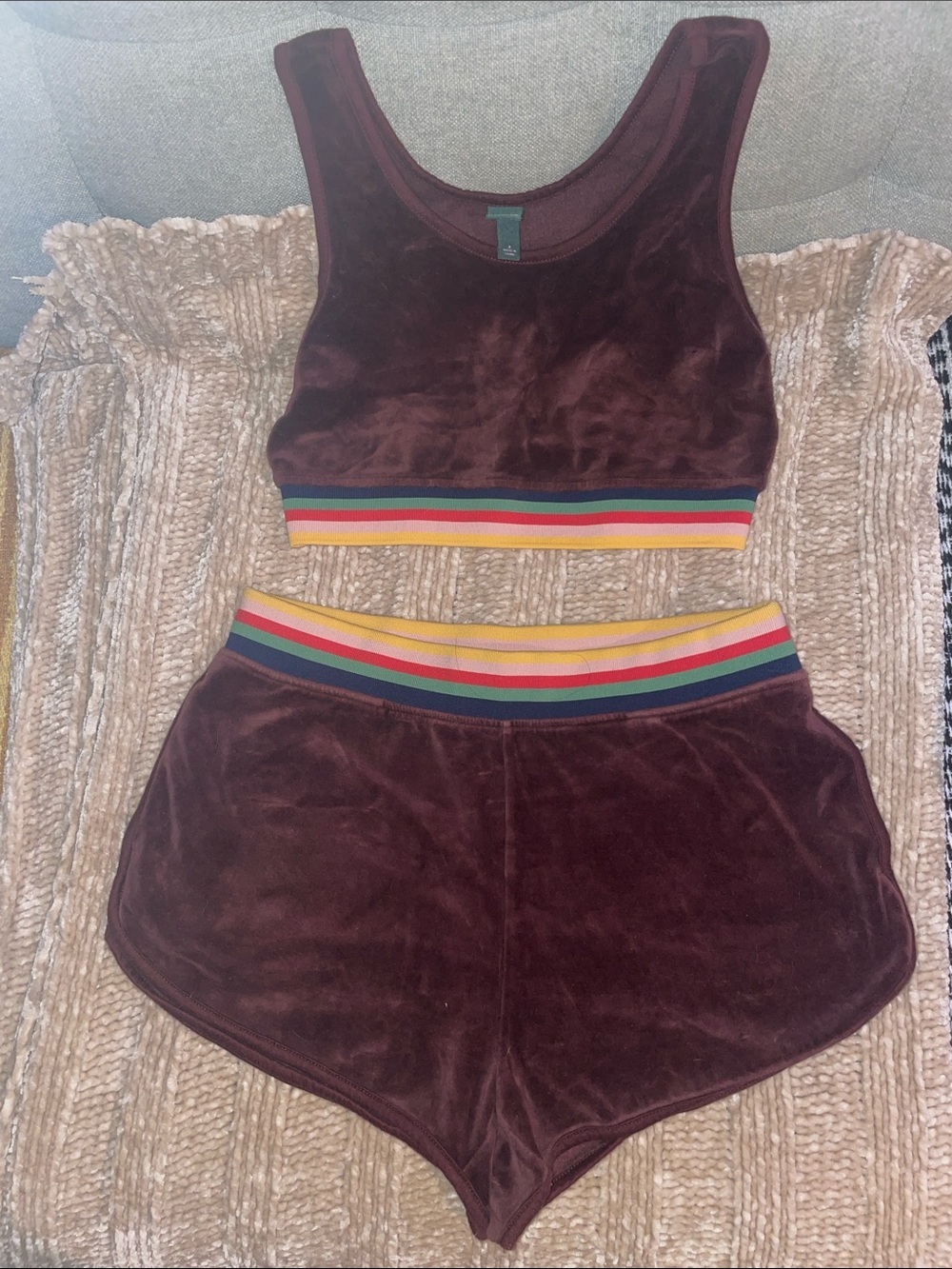 wild fable Burgundy Velour Sports Bra & Shorts Set with Rainbow Waistband